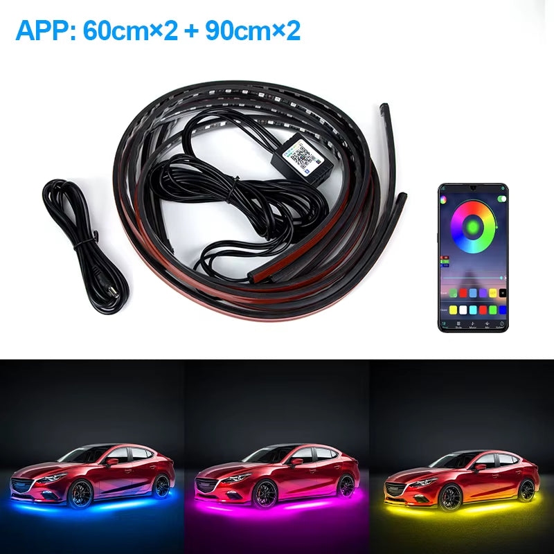 4Pcs Car Underglow Neon Accent Strip RGB Colored Decorative Light Sound Active Underbody Atmosphere Lamp APP Control