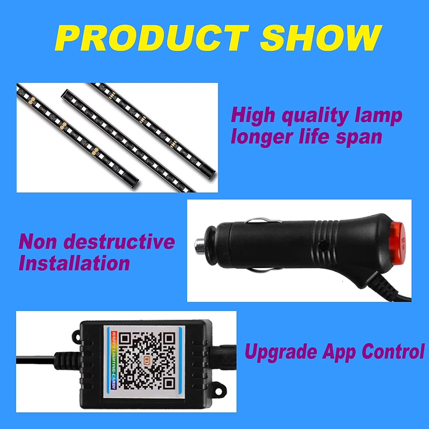 4-Pack Car Interior LED Lights with APP Control - 16 Million Colors, Music Sync & Voice Activated, RGB Strip Lights for Cars, Trucks, Suvs