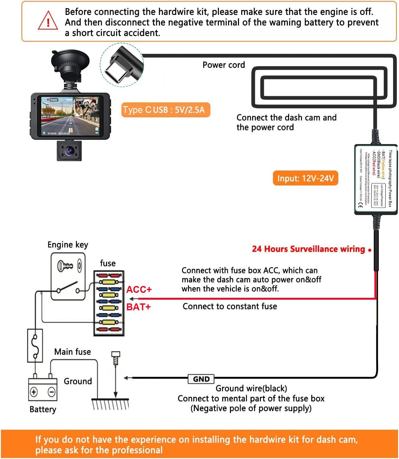 Dash Cam Hardwire Kit, Type C USB Hard Wire Kit 12V-24V to 5V Hardwire Kit with Low Voltage Protection 13Ft/320Cm Car Dash Camera Charger Power Cord for Dashcam Supply Radar Detectors