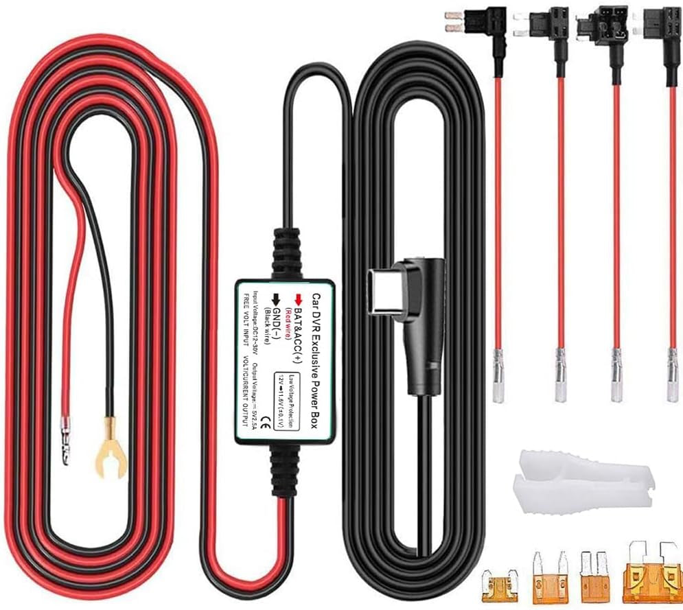 Dash Cam Hardwire Kit, Type C USB Hard Wire Kit 12V-24V to 5V Hardwire Kit with Low Voltage Protection 13Ft/320Cm Car Dash Camera Charger Power Cord for Dashcam Supply Radar Detectors