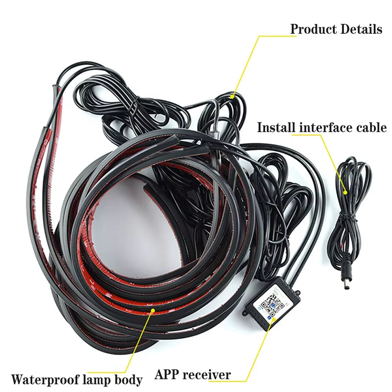 4Pcs Car Underglow Neon Accent Strip RGB Colored Decorative Light Sound Active Underbody Atmosphere Lamp APP Control