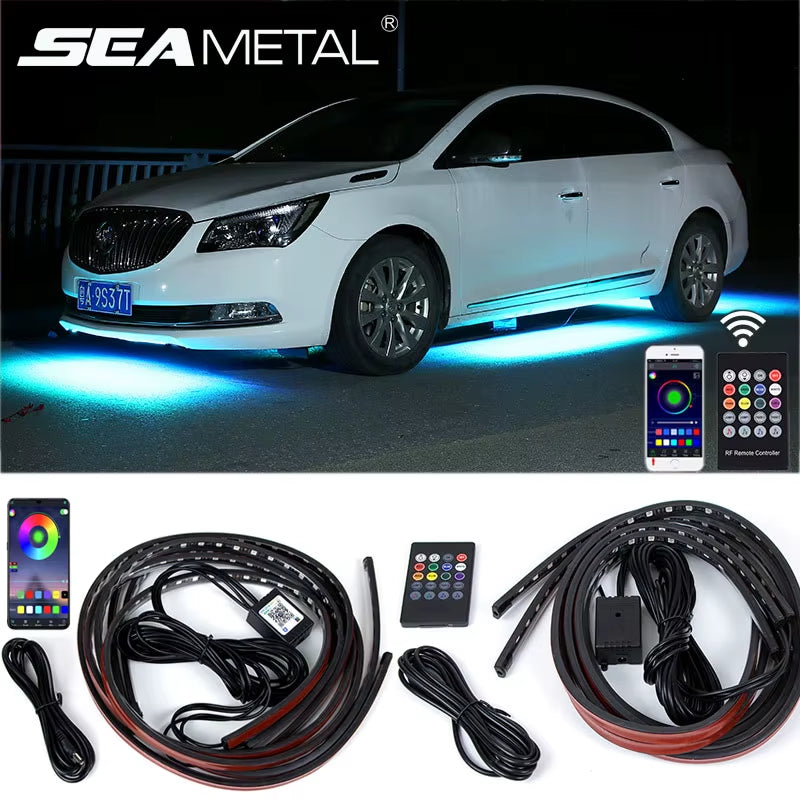 4Pcs Car Underglow Neon Accent Strip RGB Colored Decorative Light Sound Active Underbody Atmosphere Lamp APP Control