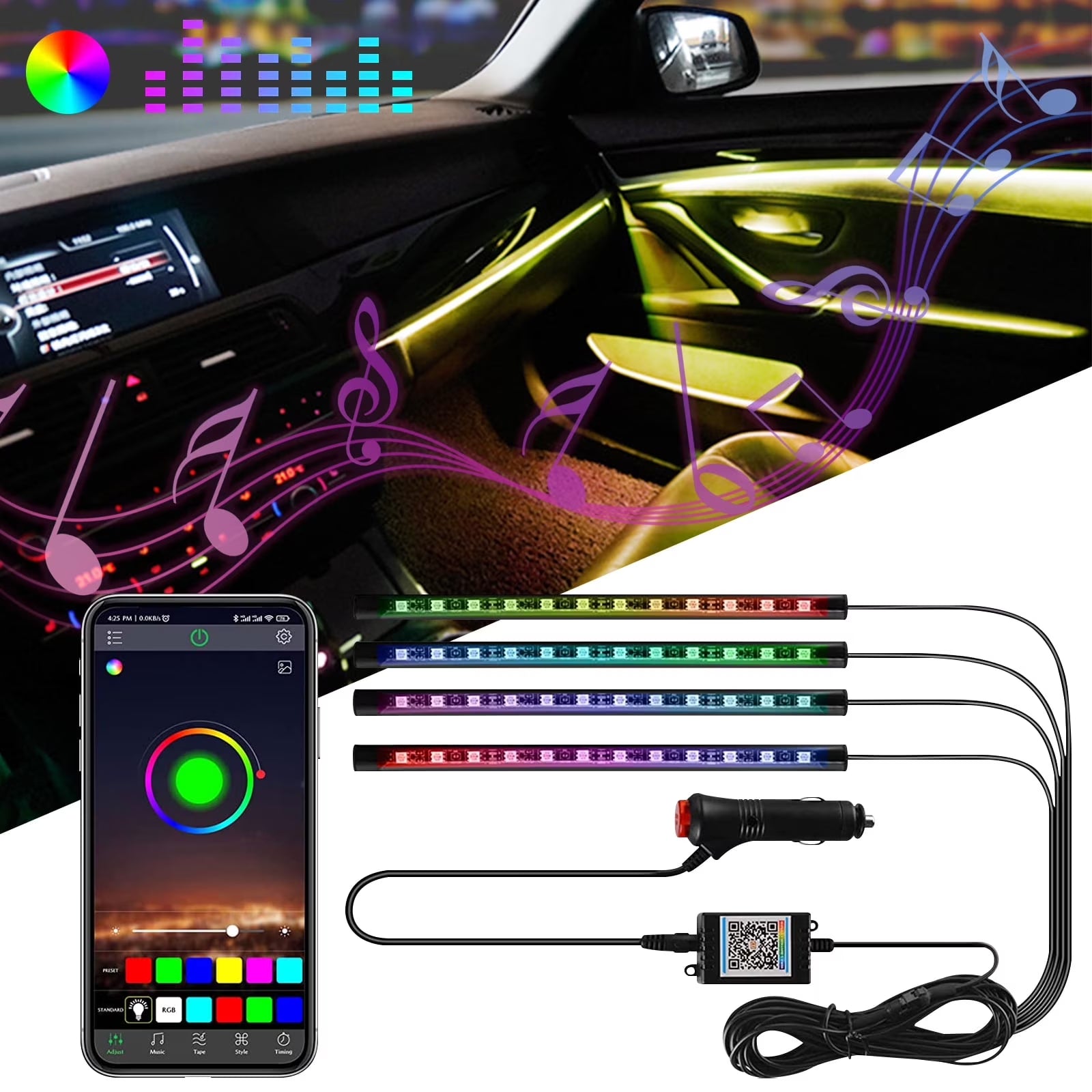 4-Pack Car Interior LED Lights with APP Control - 16 Million Colors, Music Sync & Voice Activated, RGB Strip Lights for Cars, Trucks, Suvs